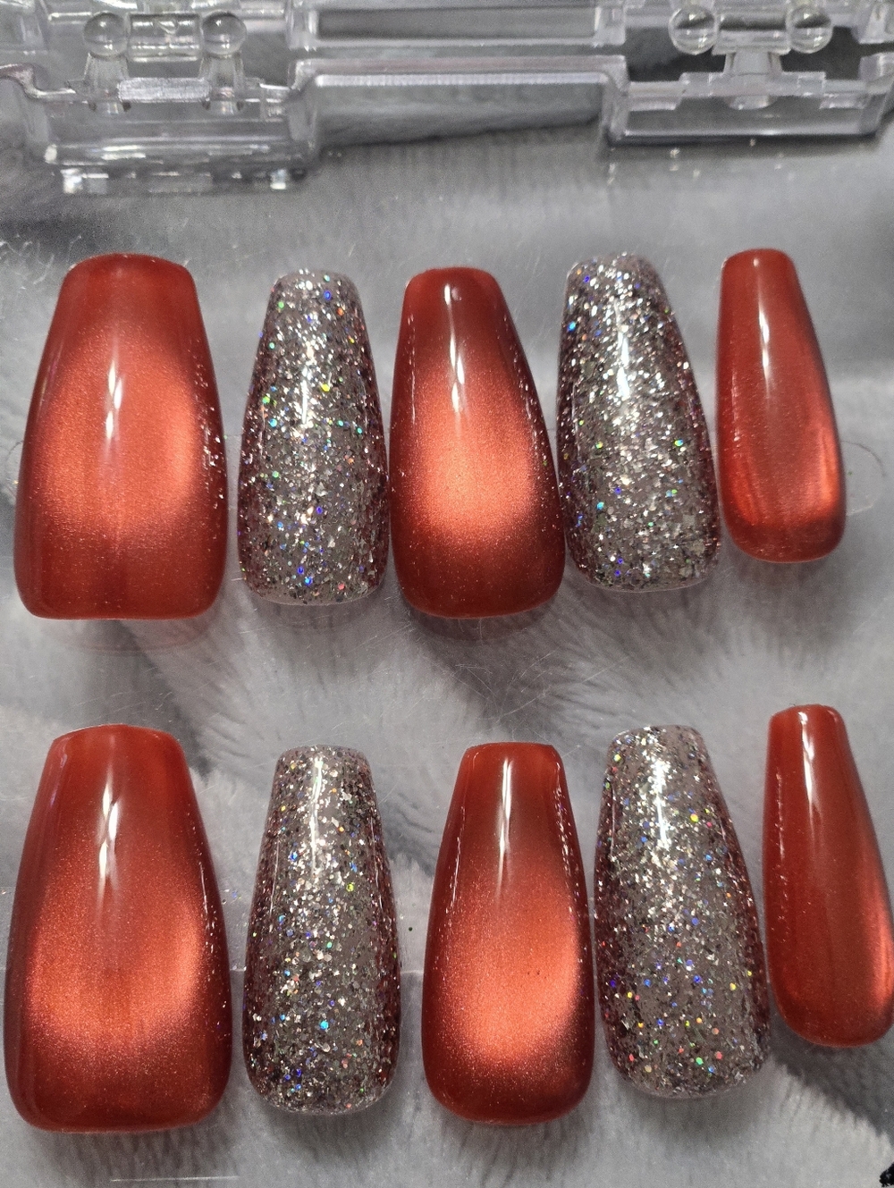 Red Metallic & Silver Glitter Press-On Nail Set, Medium Length coffen Shape